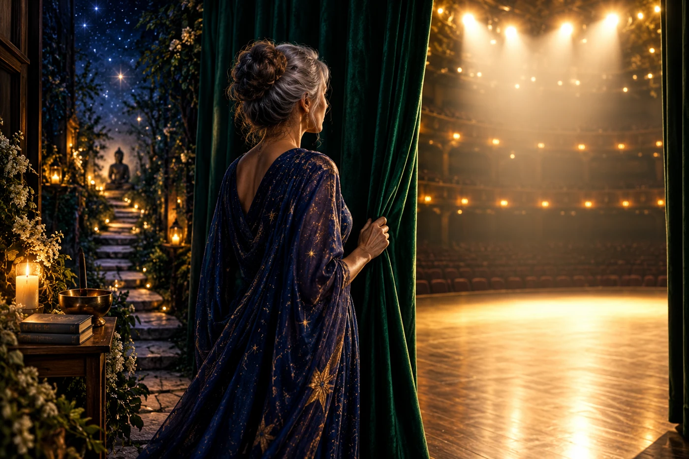 Symbolic woman beside a green backstage curtain considering a warmly lit empty stage.