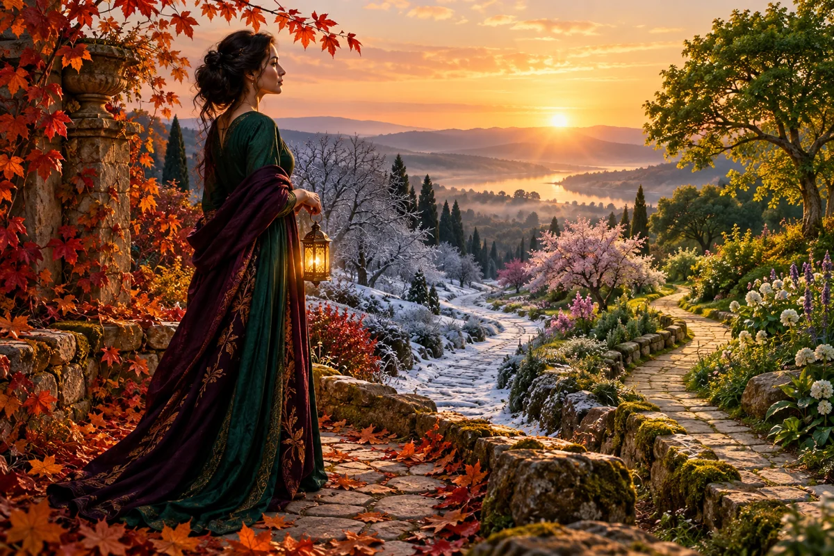 Symbolic woman holding a lantern in an autumn garden.