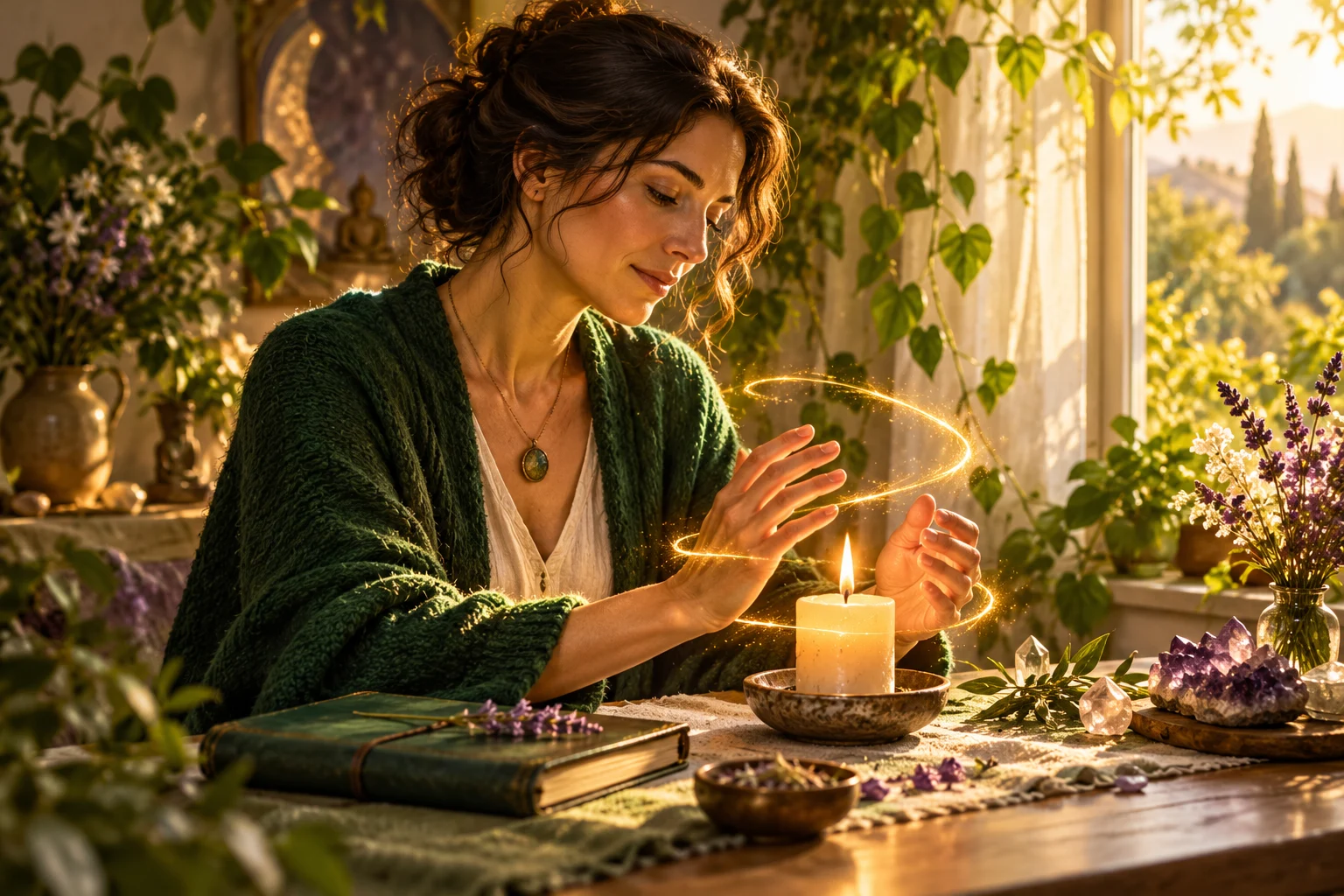 Symbolic person tending a quiet candlelit spiritual practice beside a sunlit window.