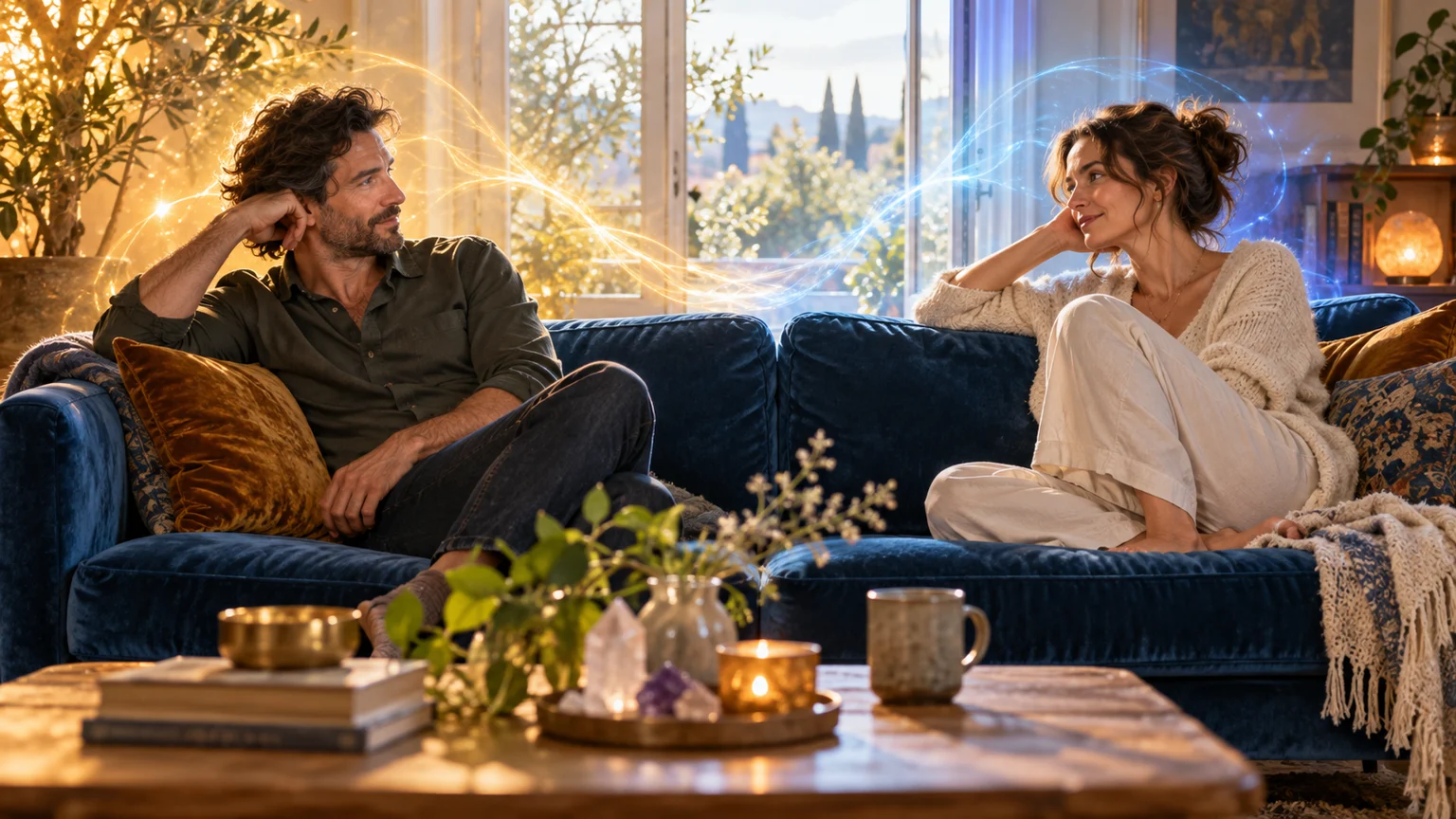 Symbolic couple reconnecting through eye contact across a blue sofa after a thoughtful conversation.
