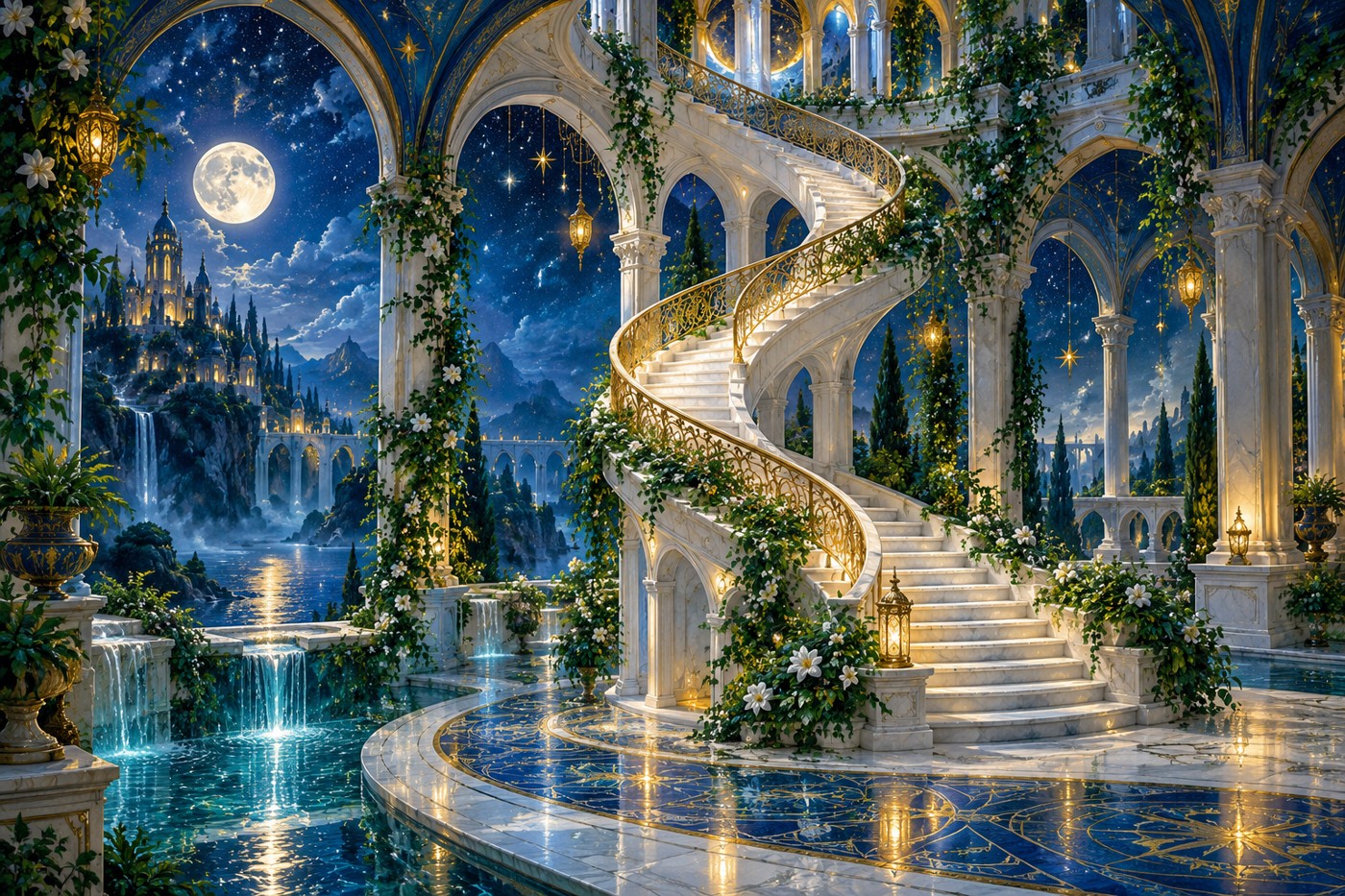 A moonlit white staircase curving upward through a blue and gold palace