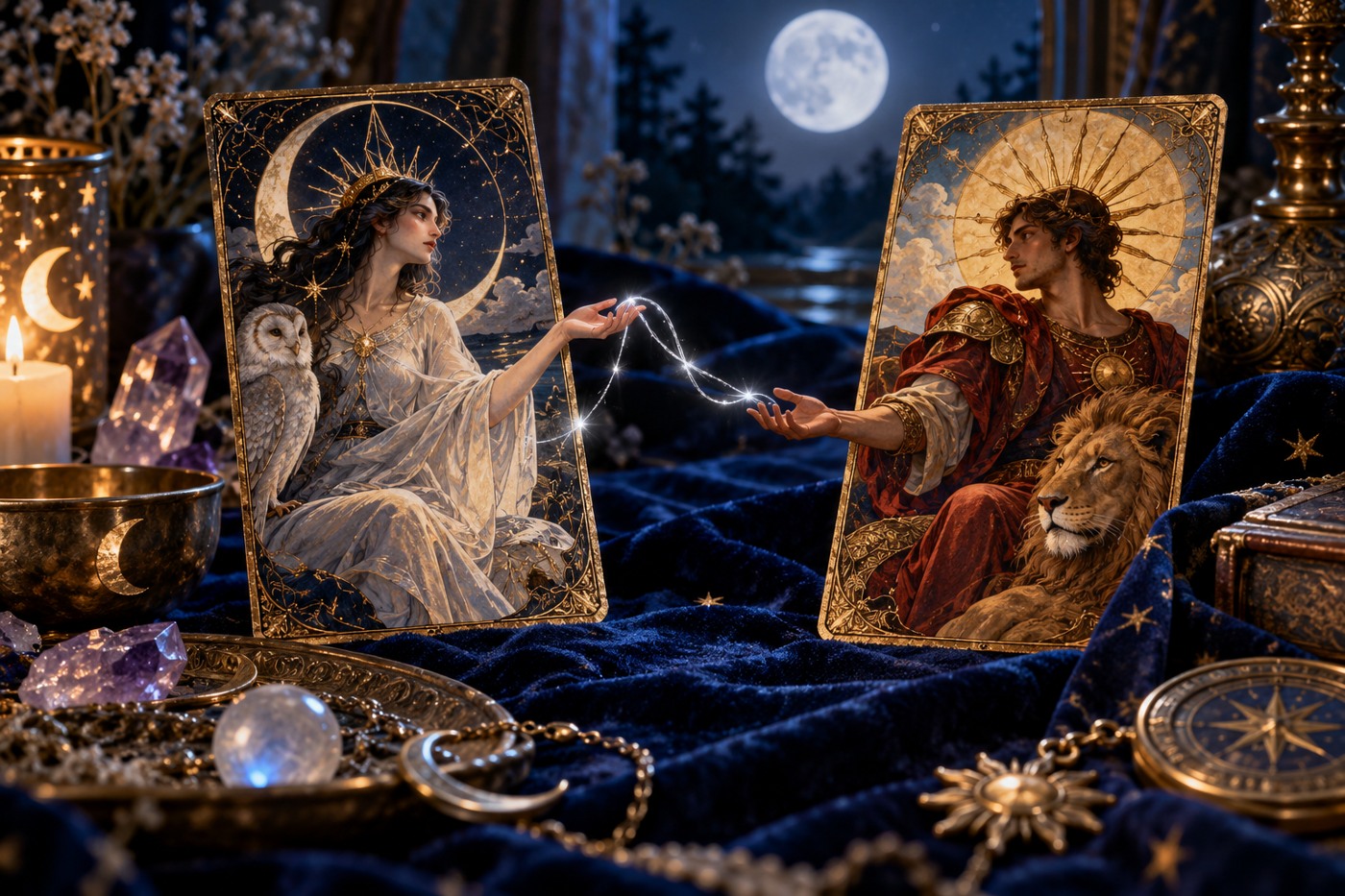 Two symbolic tarot cards connected by a silver thread on indigo velvet