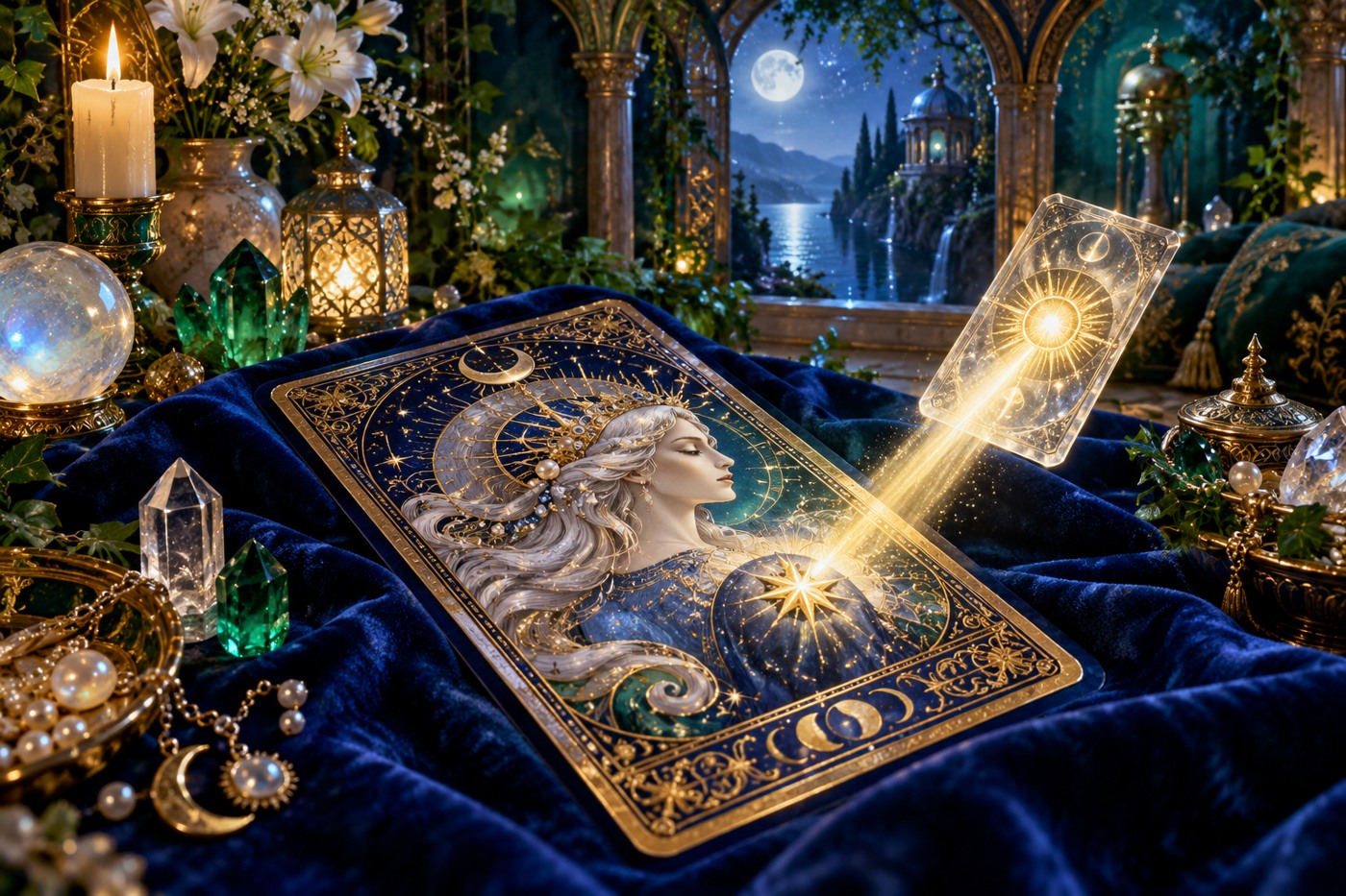 A luminous clarifying tarot card beside a larger card on sapphire velvet
