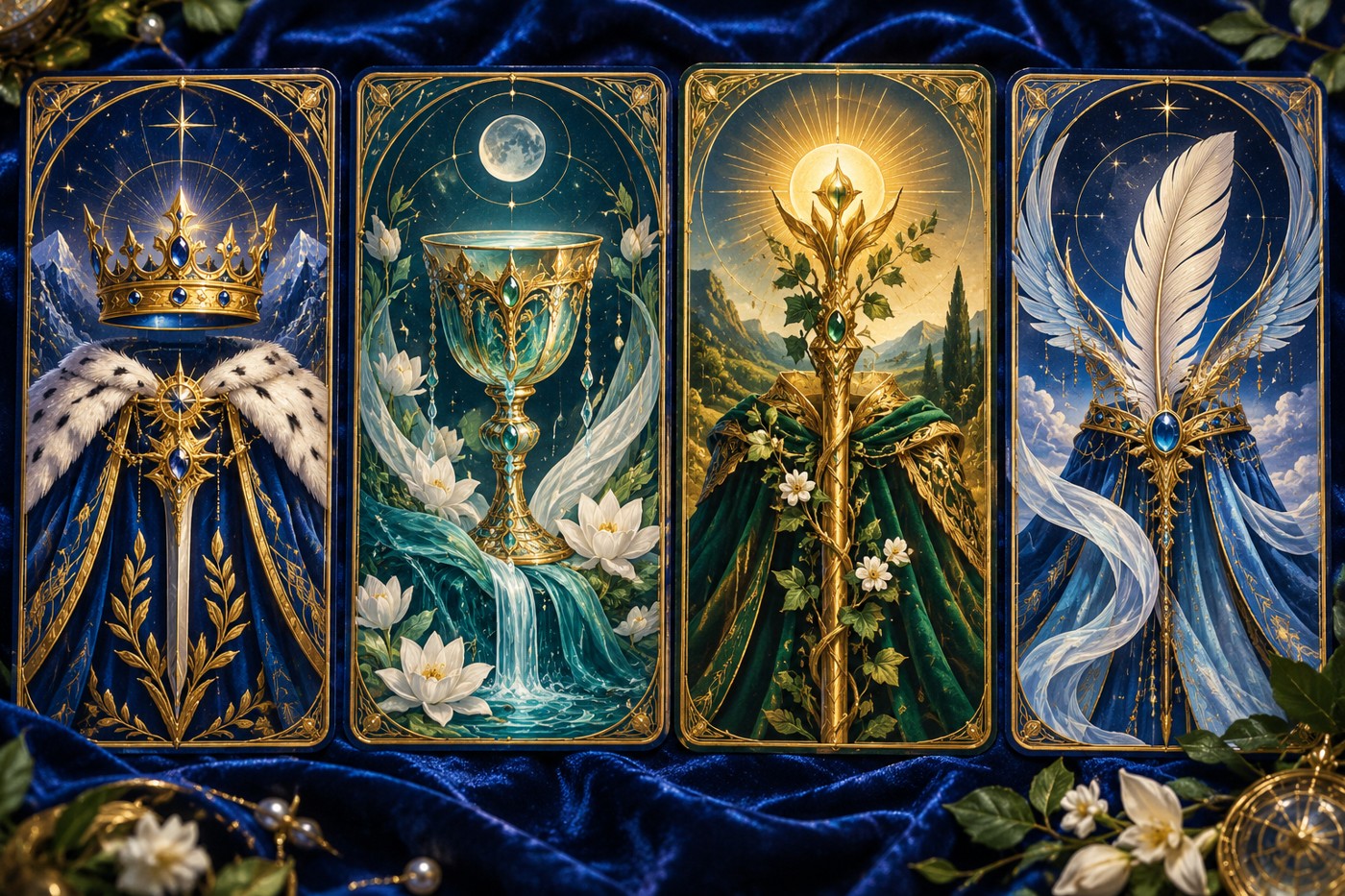 Four symbolic court cards with crown, chalice, wand and feather imagery