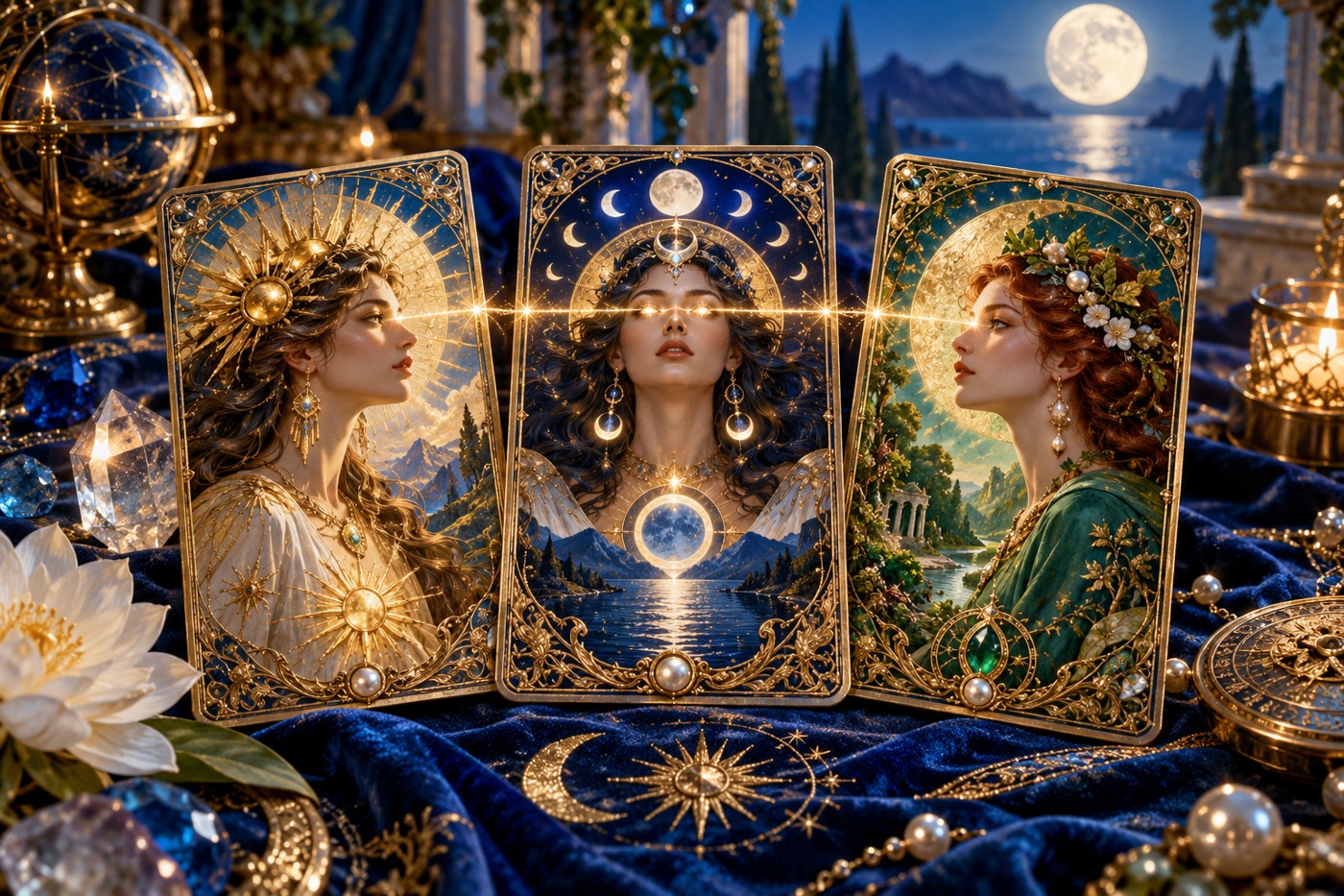 Three symbolic tarot figures looking in different directions with golden lines of light
