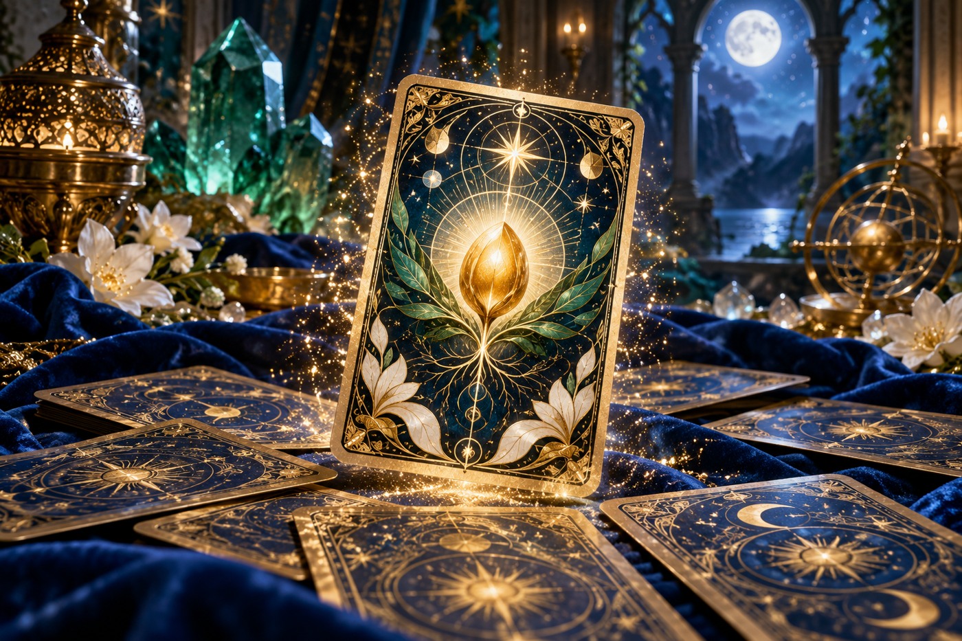 A golden seed tarot card rising above a scattered deck on sapphire velvet