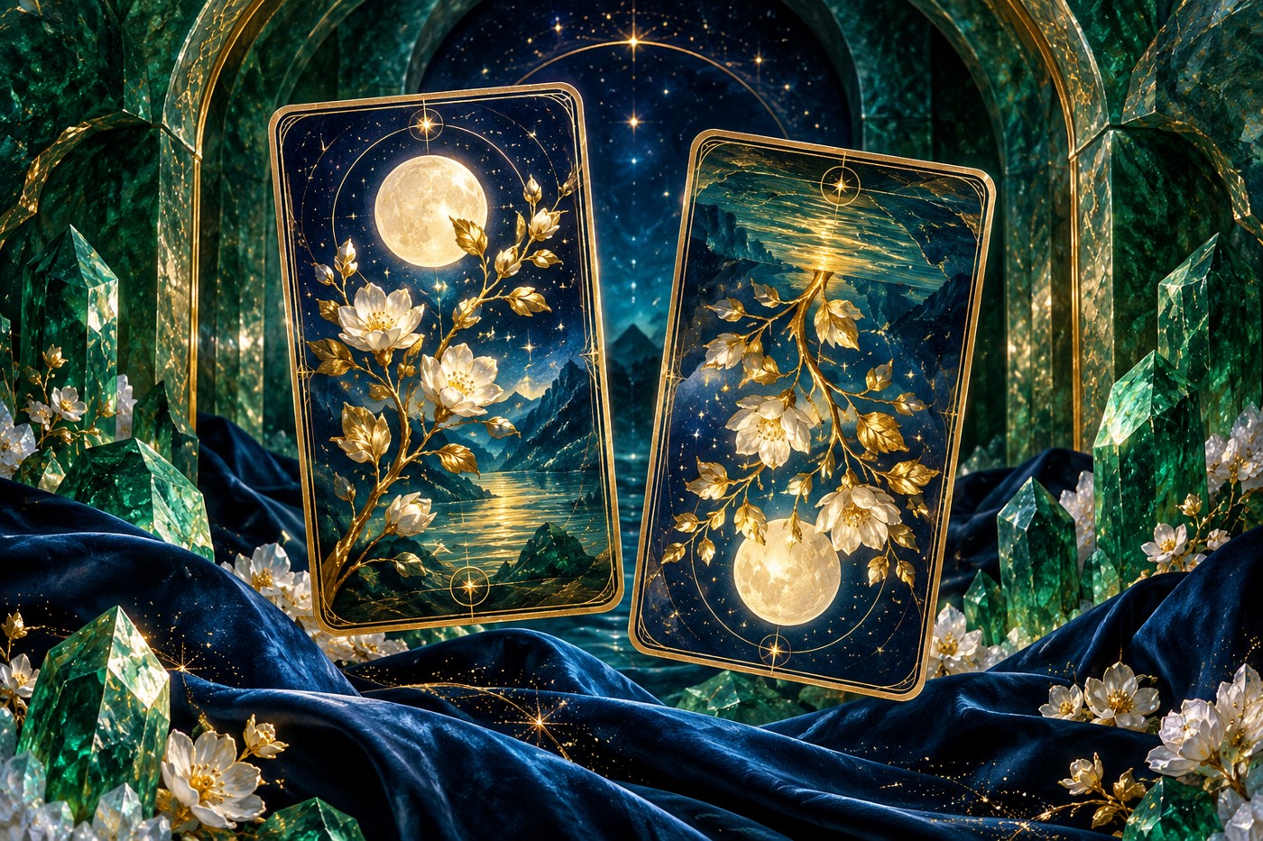 Two golden floral tarot cards in opposite orientations above blue velvet