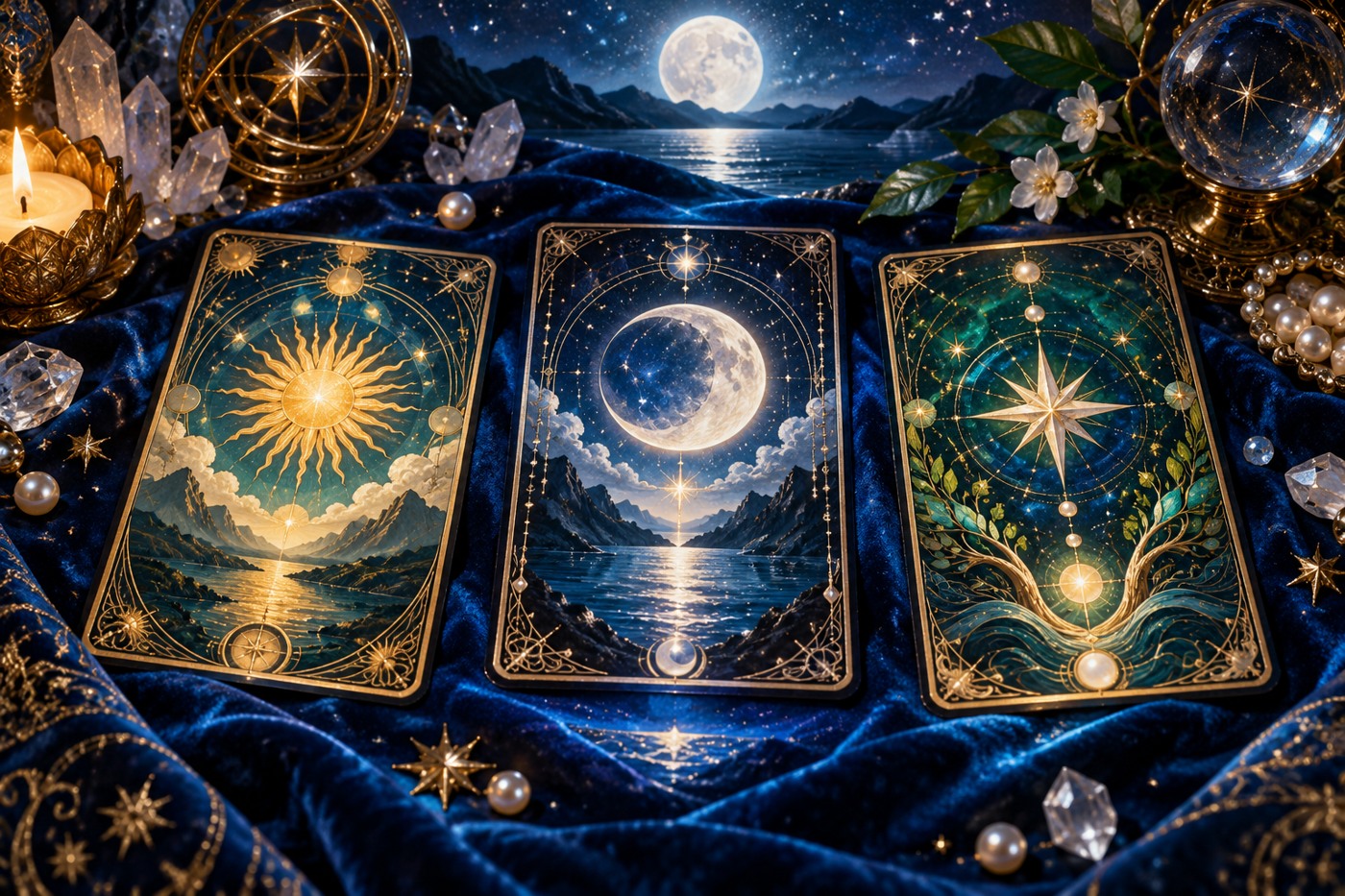 Three ornate symbolic tarot cards on sapphire velvet beneath moonlight