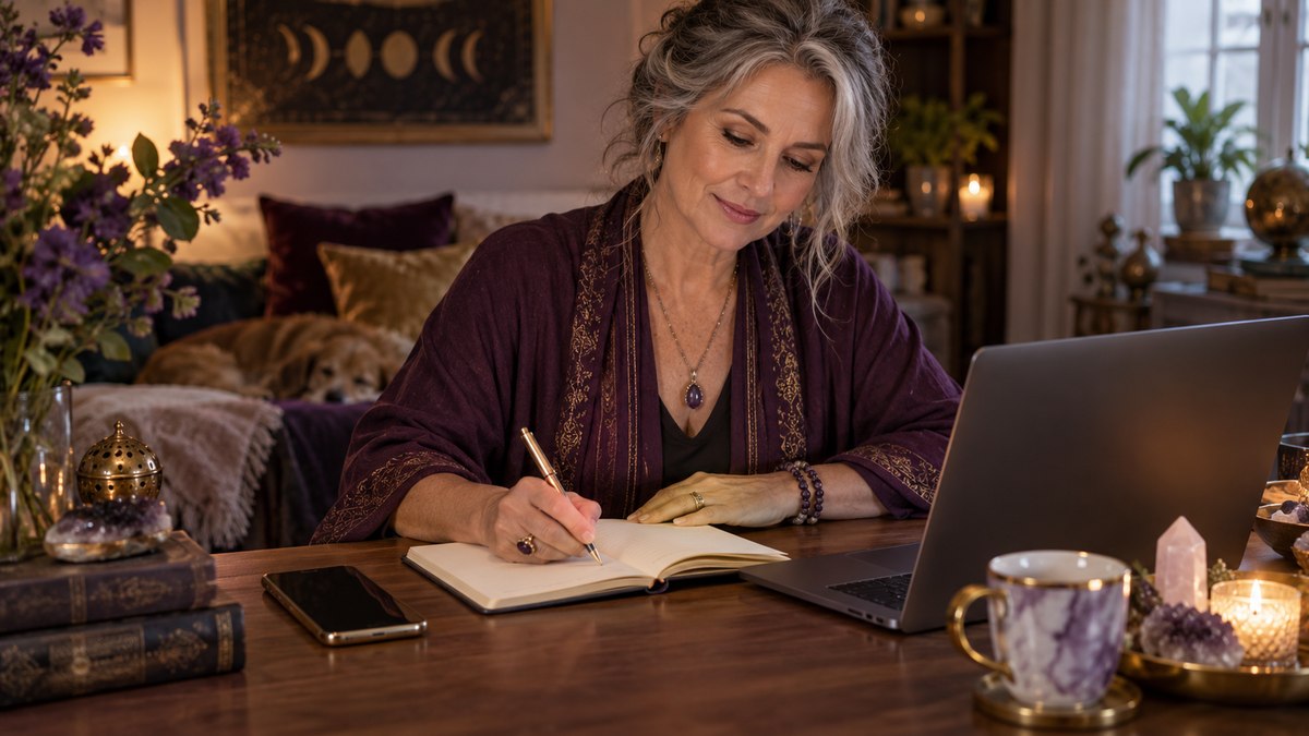 A mature woman preparing focused questions in a journal before an online reading