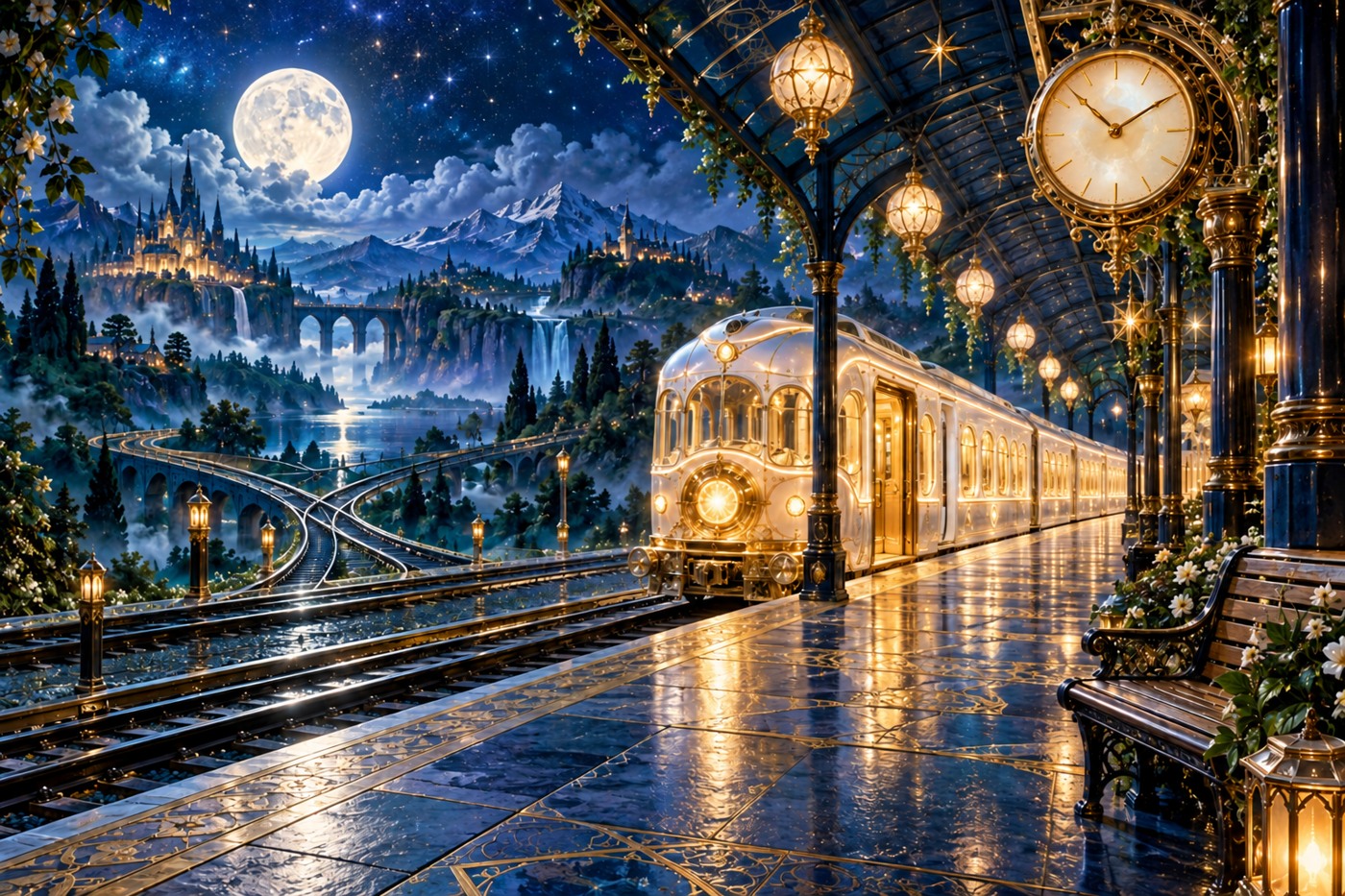 A luminous white train at an empty moonlit station with branching tracks