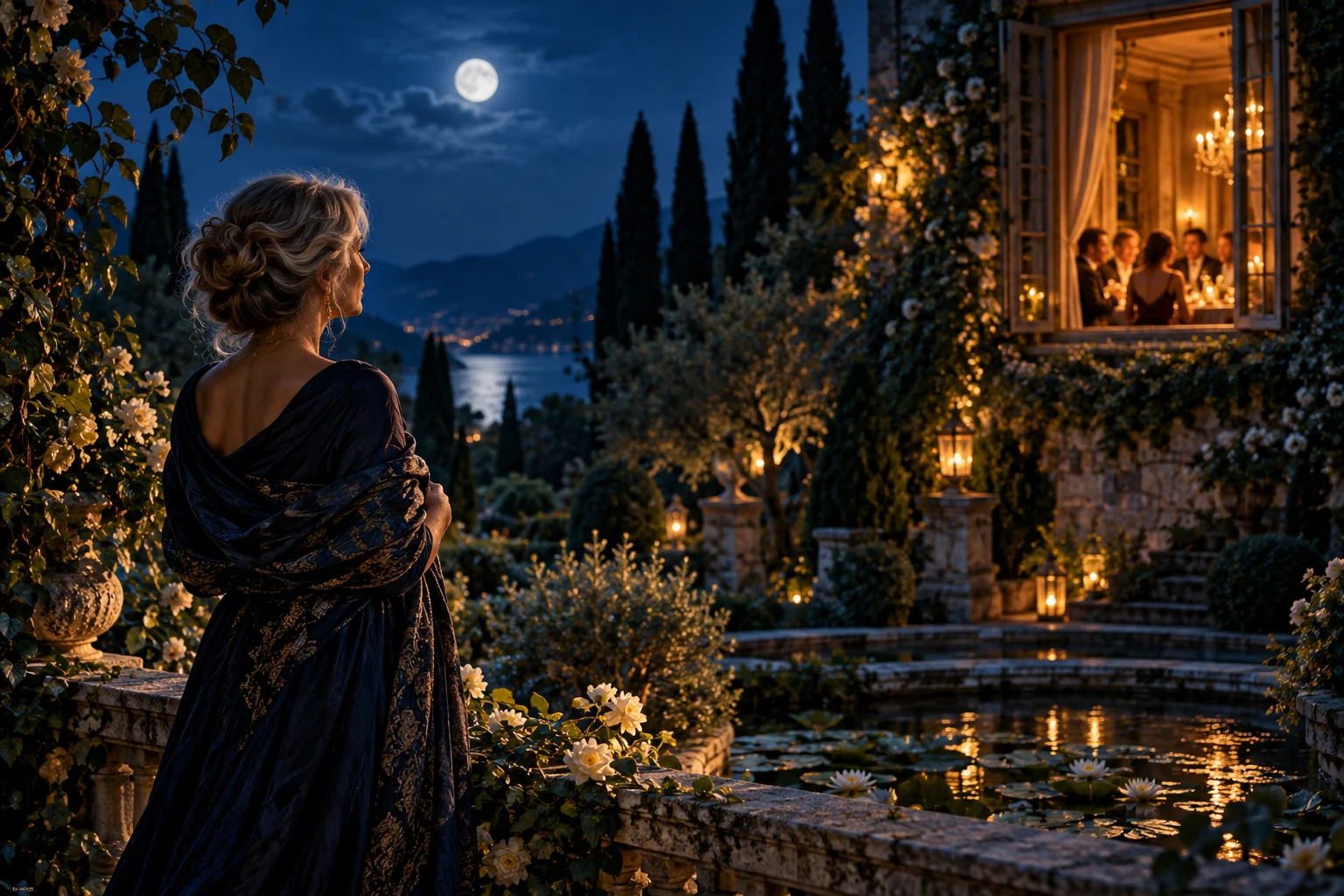 Symbolic woman looking toward a warmly lit gathering from a moonlit garden.