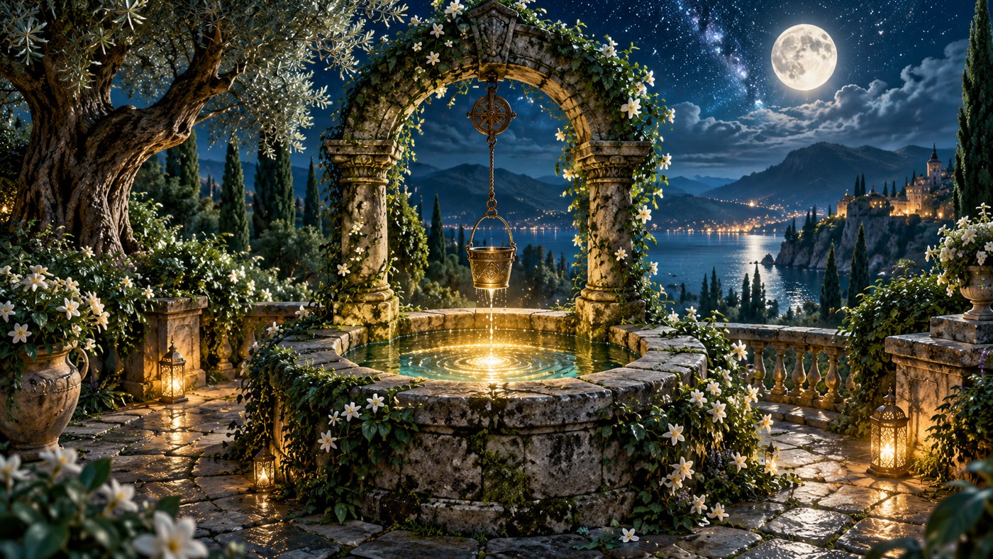 A stone well with luminous water in an emerald moonlit garden