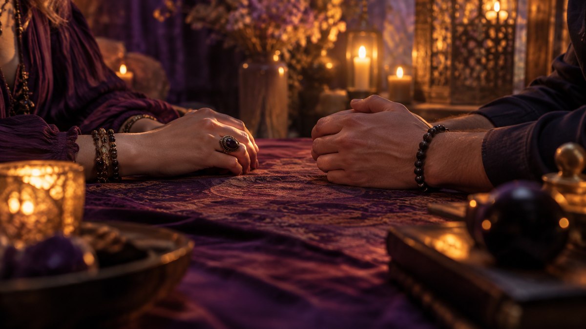 Two people seated across a softly lit table during an energy reading