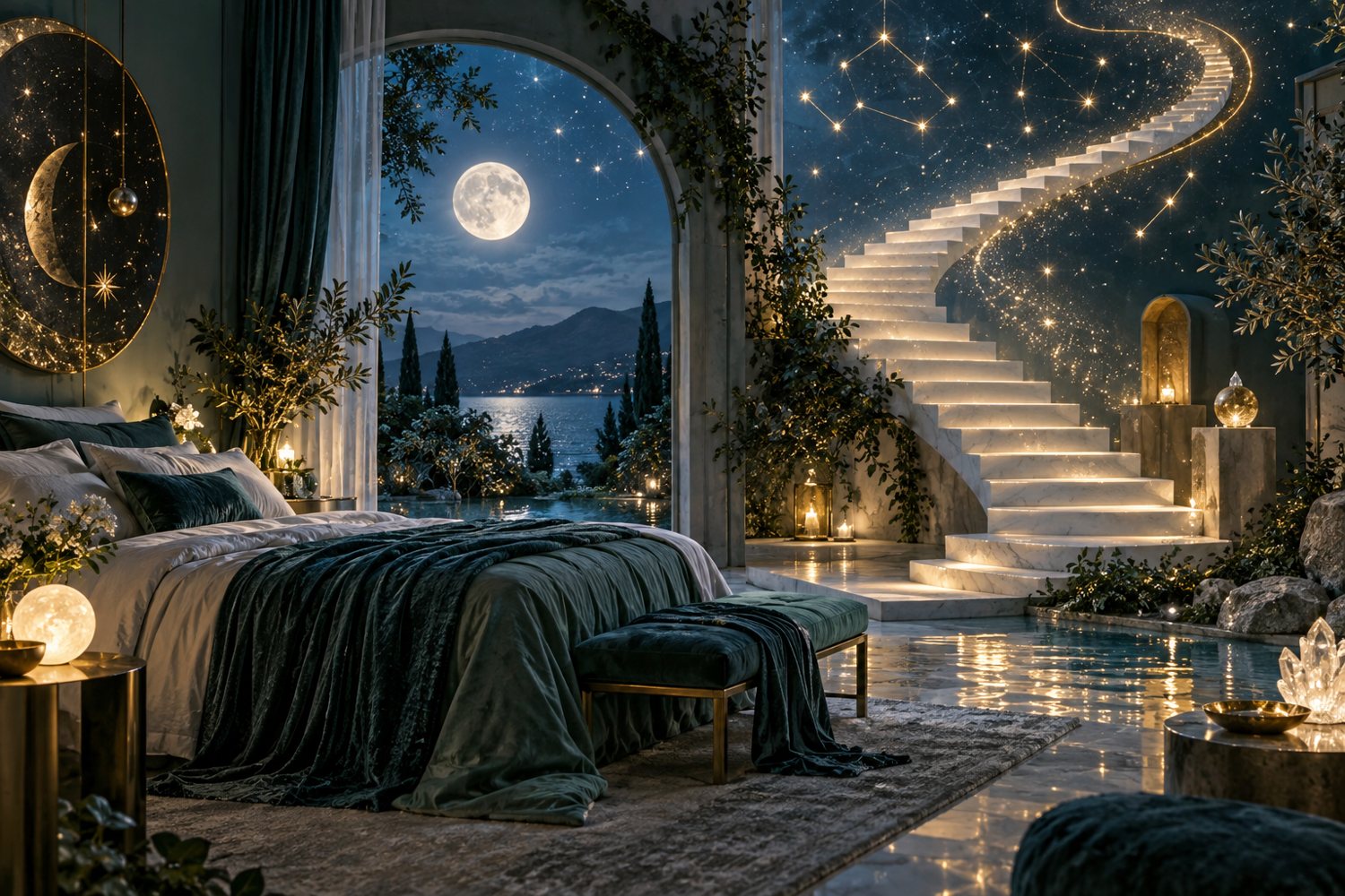 Mystical blue green gold and white artwork for recurring dream meaning