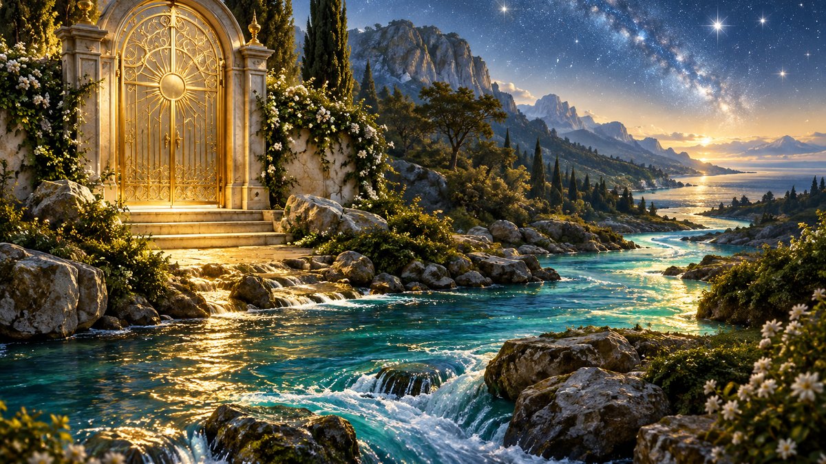 A blue emerald river leaving a closed golden gate beneath white stars