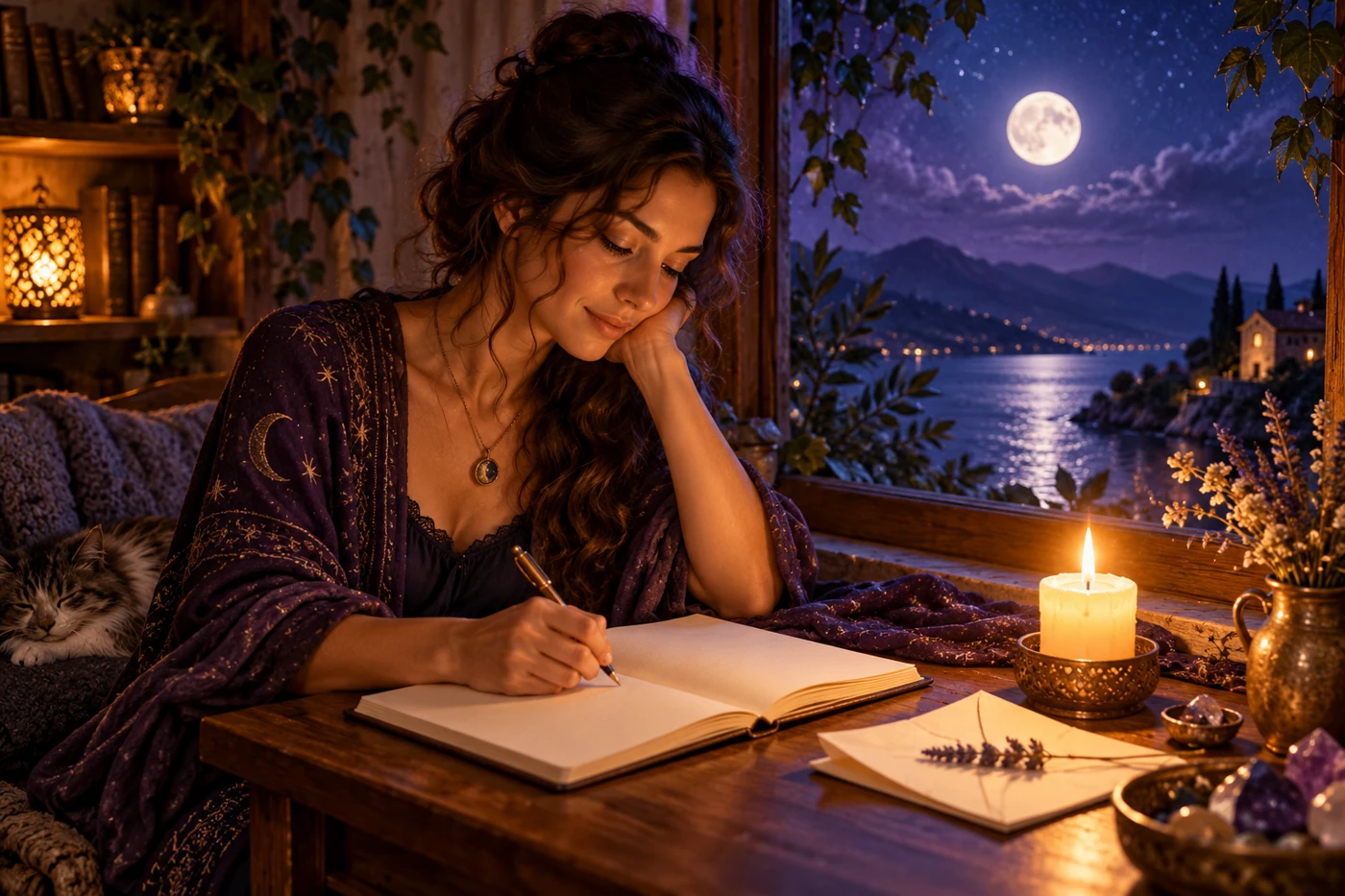A symbolic woman writes in an open journal beside a candle and a moonlit window.
