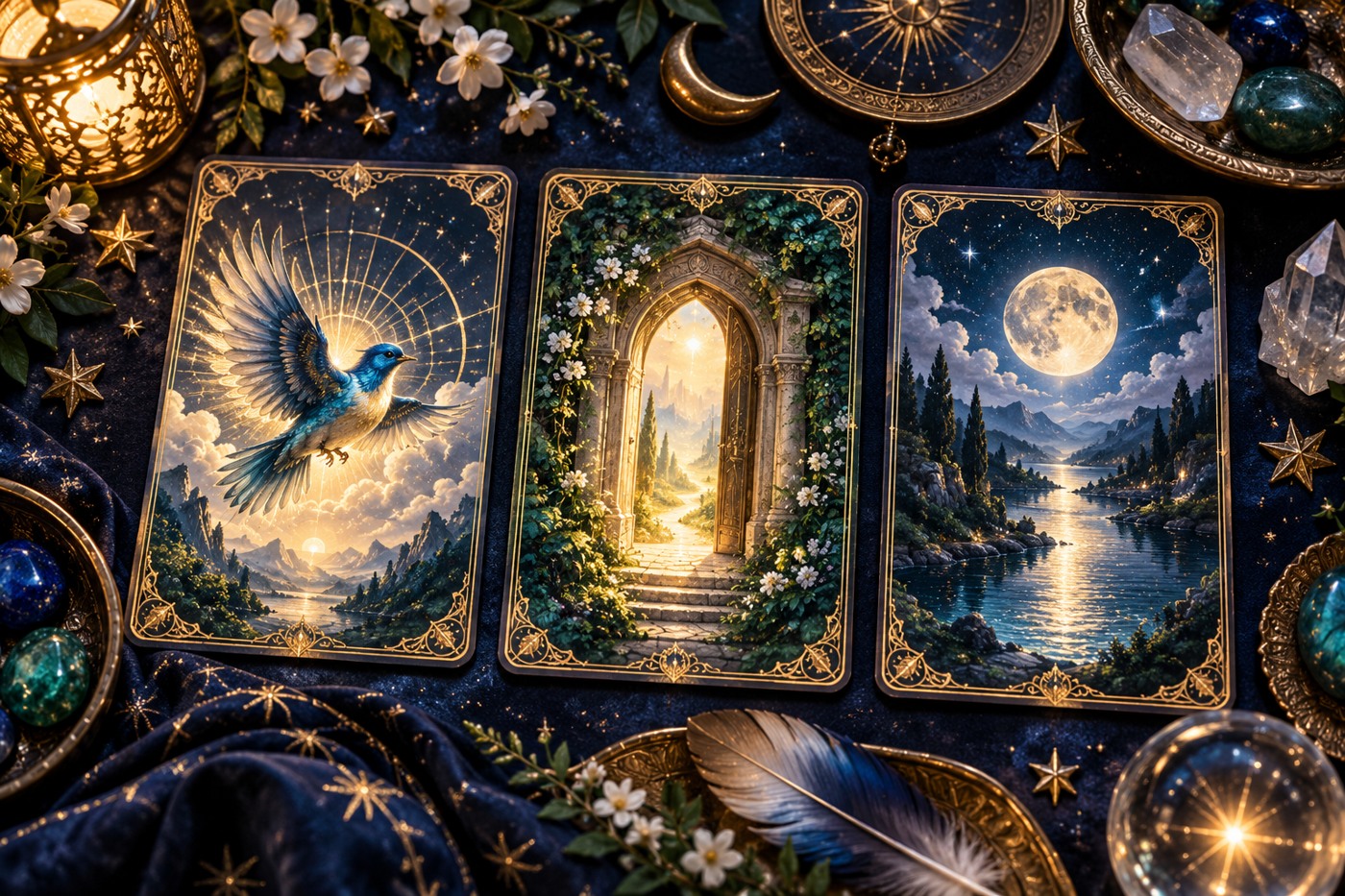 Three wordless oracle cards showing a bird, a doorway and a moonlit river on sapphire cloth